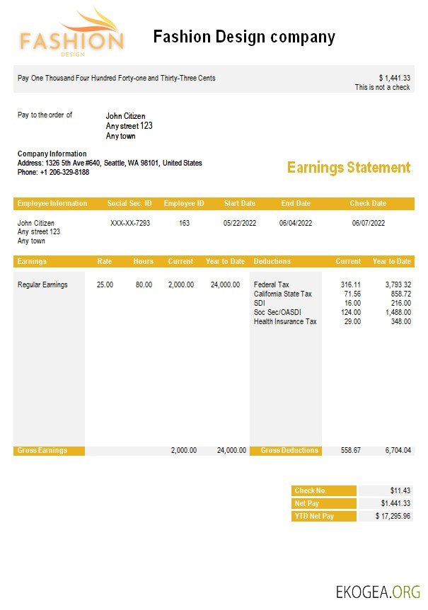 Modèle de fiche de paie pour une entreprise de mode aux formats Word et PDF